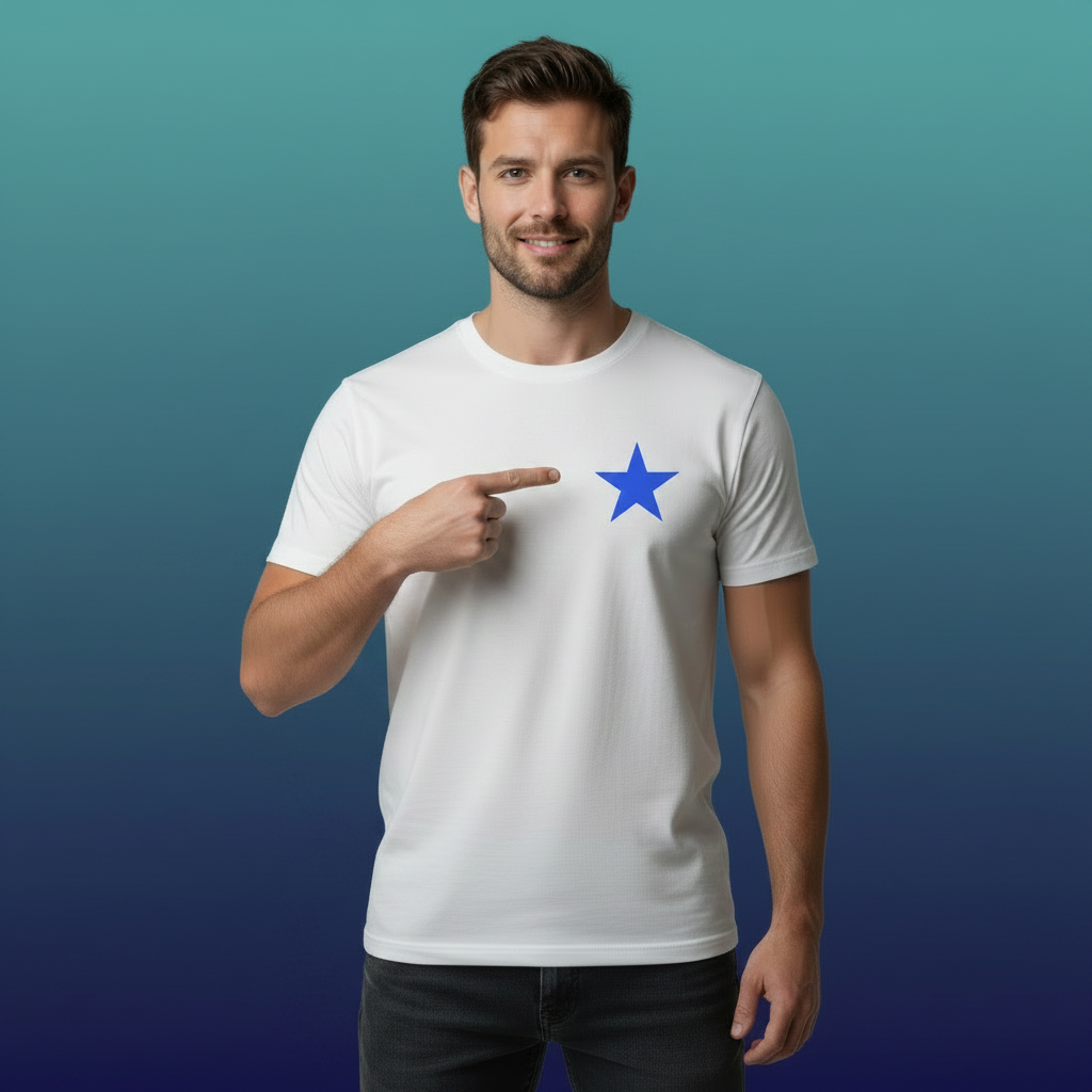 White rugby t-shirt with a minimalist blue star on the left chest, St Mary’s College RFC Dublin AIL champions fan design.