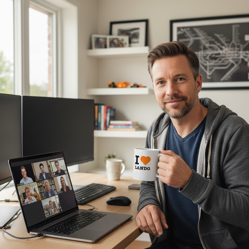 Man holding a mug with 'I ❤️ Lando' at a home office desk with a laptop showing a video call.