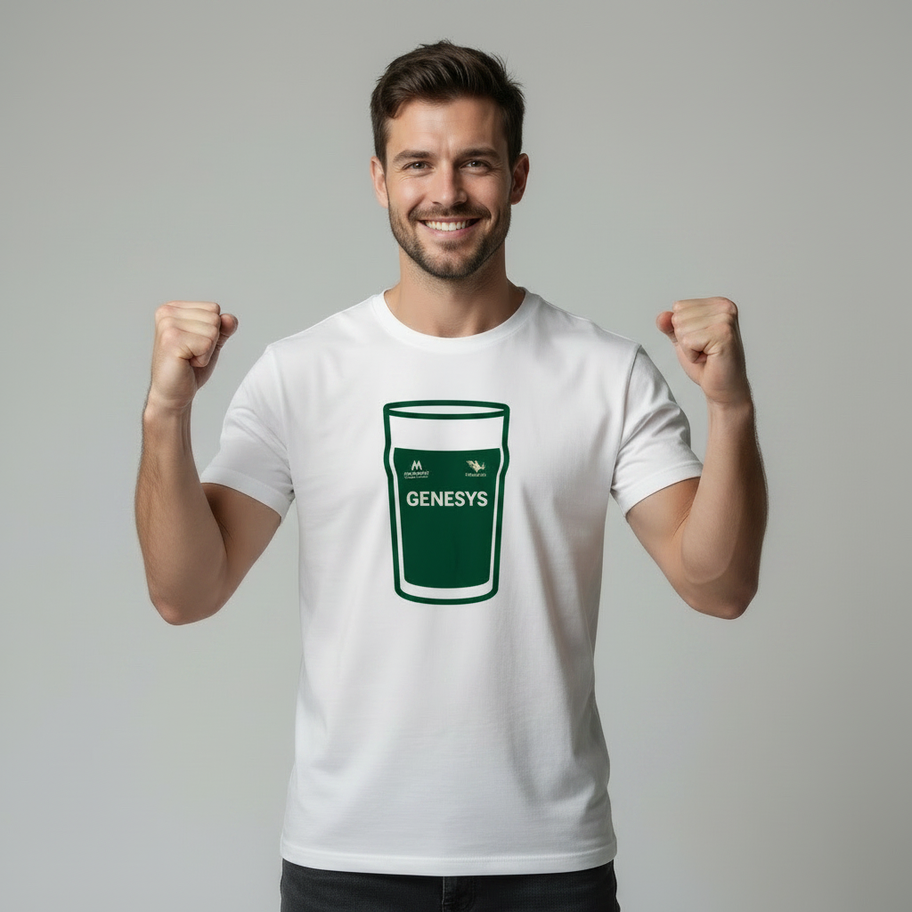 Man wearing White Connacht Rugby T-Shirt with dark green pint glass graphic celebrating.