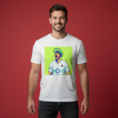 Man wearing a white rugby t-shirt with a colourful graphic design on a red background
