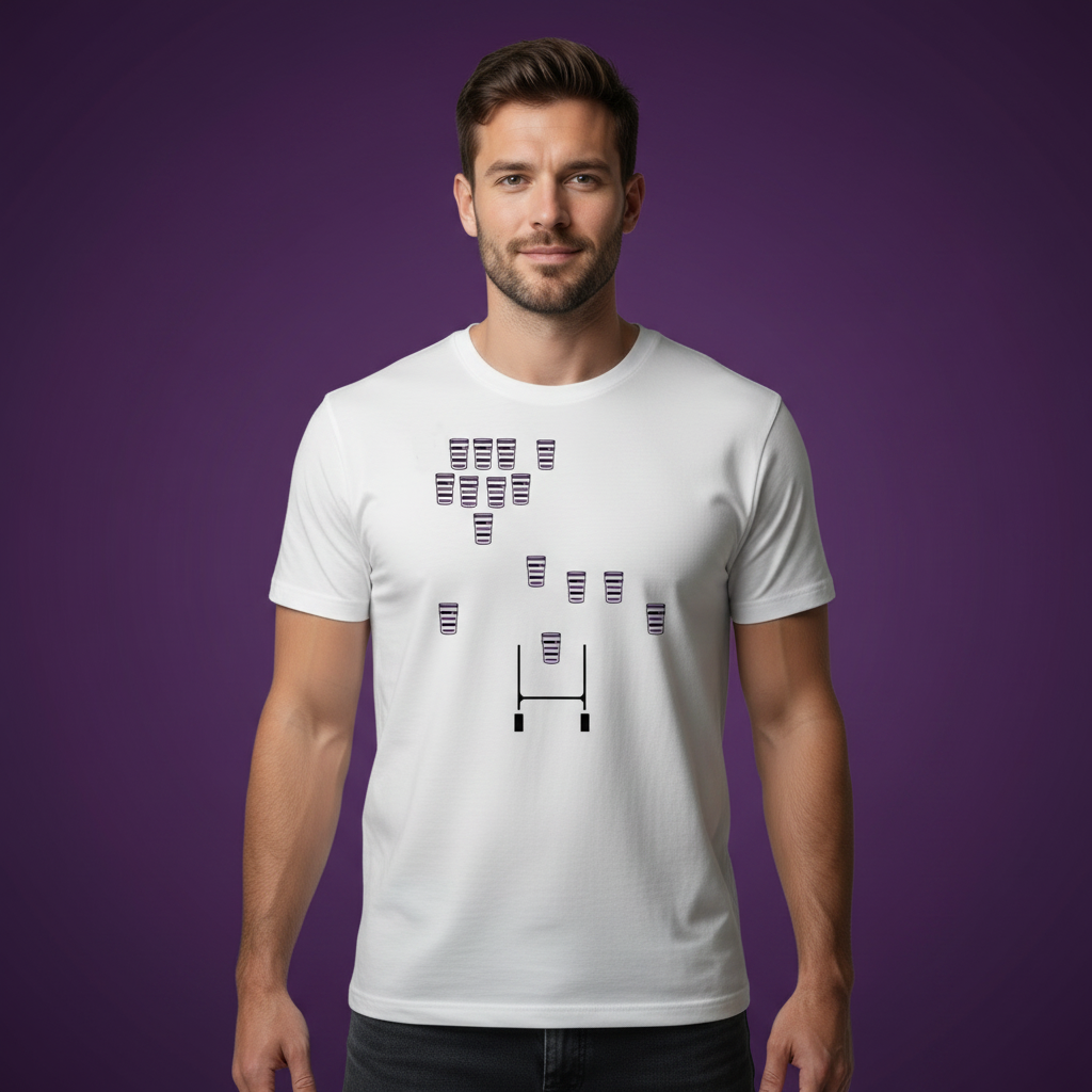 Man wears white Terenure rugby t-shirt with a purple background. The t-shirt has 15 pint glasses in rugby formation.