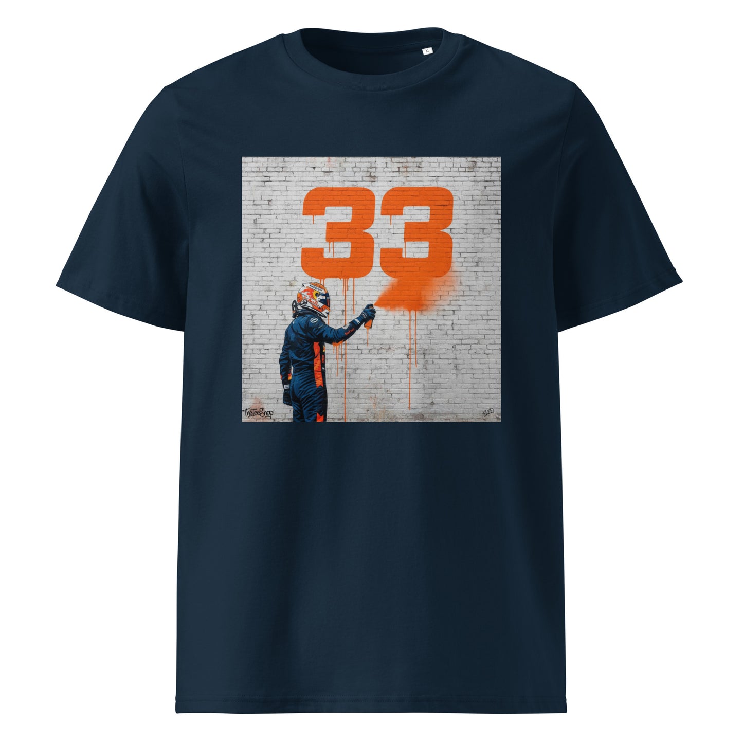 French Navy organic cotton F1 t-shirt with Max 33 graffiti art design, featuring Max Verstappen spray painting the number 33 in orange on a brick wall. Perfect for Max Verstappen fans and Red Bull Racing supporters.