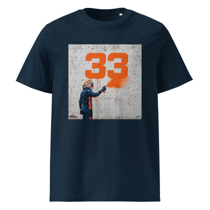 French Navy organic cotton F1 t-shirt with Max 33 graffiti art design, featuring Max Verstappen spray painting the number 33 in orange on a brick wall. Perfect for Max Verstappen fans and Red Bull Racing supporters.