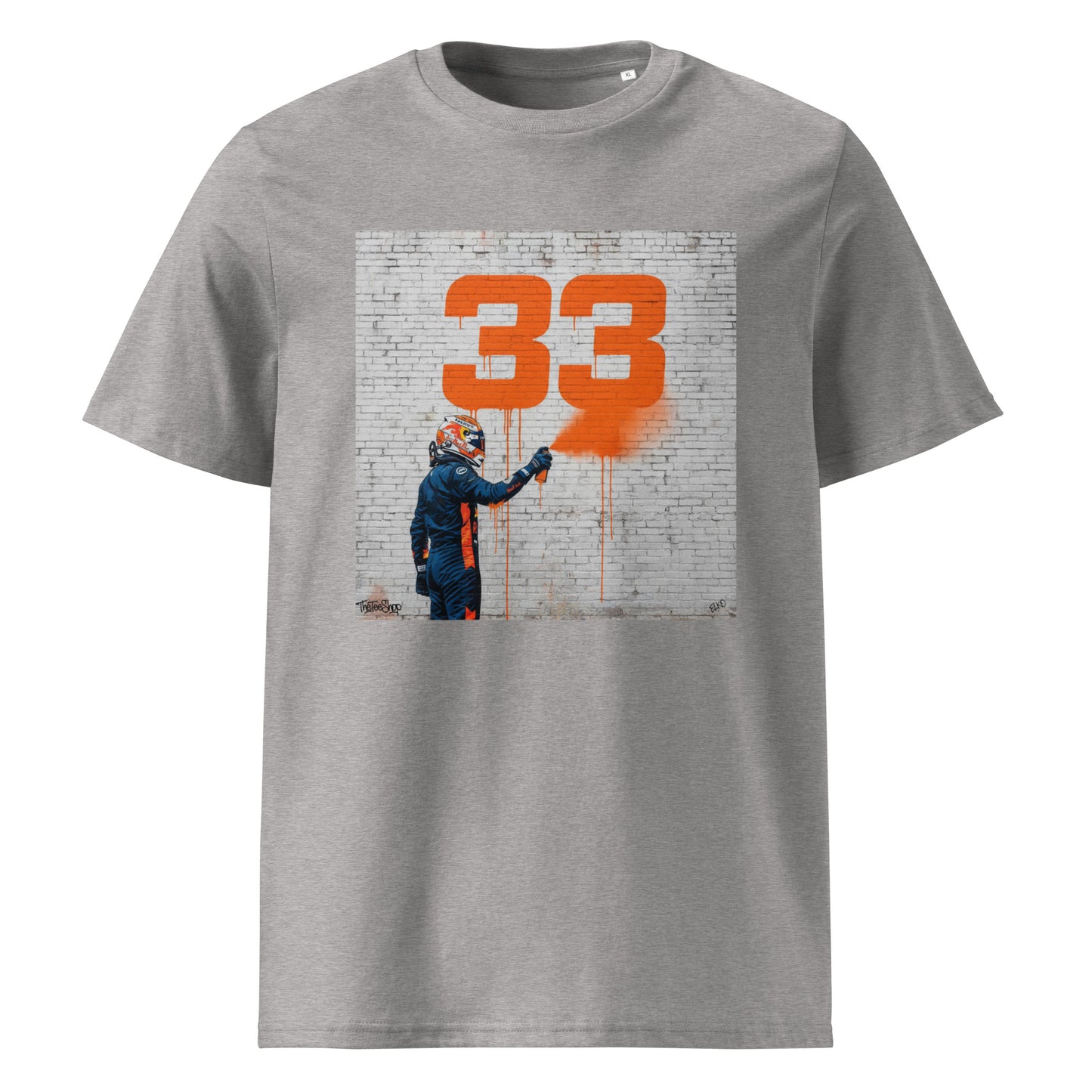 Heather Grey organic cotton F1 t-shirt with Max 33 graffiti art design, featuring Max Verstappen spray painting the number 33 in orange on a brick wall. Perfect for Max Verstappen fans and Red Bull Racing supporters.