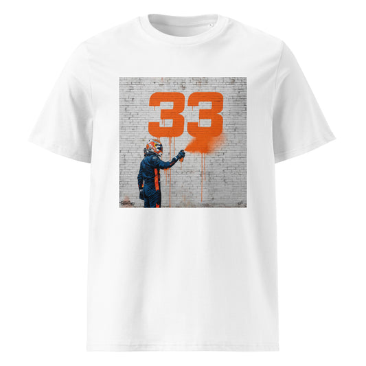 White organic cotton F1 t-shirt with Max 33 graffiti art design, featuring Max Verstappen spray painting the number 33 in orange on a brick wall. Perfect for Max Verstappen fans and Red Bull Racing supporters.