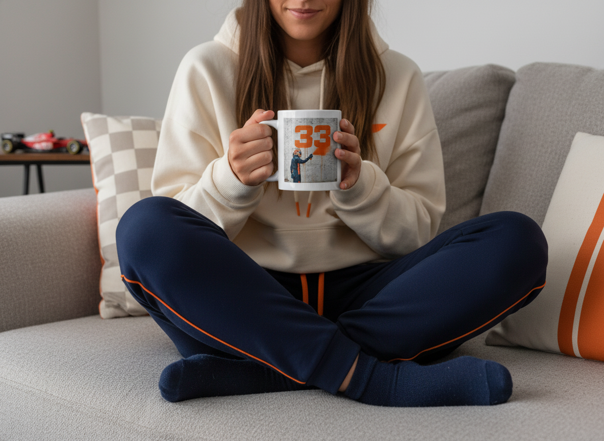 Female F1 fan in sporty homewear, enjoying a hot drink from the Max 33 Graffiti Art Mug while relaxing on the sofa with motorsport décor in the background.