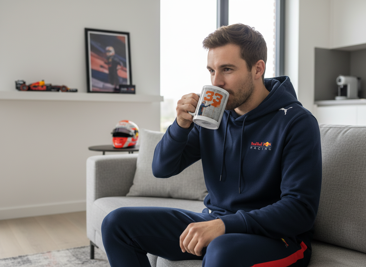 Male F1 fan in casual racing loungewear, relaxing at home and drinking from the Max 33 Graffiti Art Mug with only one handle visible, racing memorabilia in the background.
