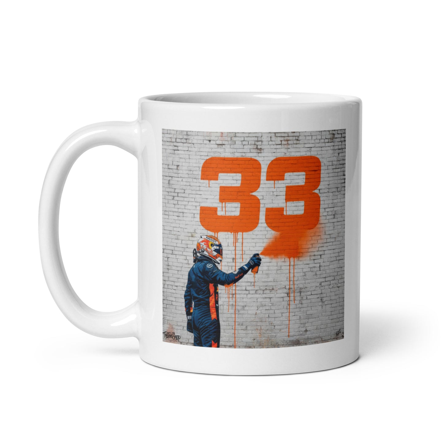 White ceramic 11 oz mug featuring a street art illustration of a racing driver spray-painting a bold orange number 33 on a brick wall, inspired by Max Verstappen.