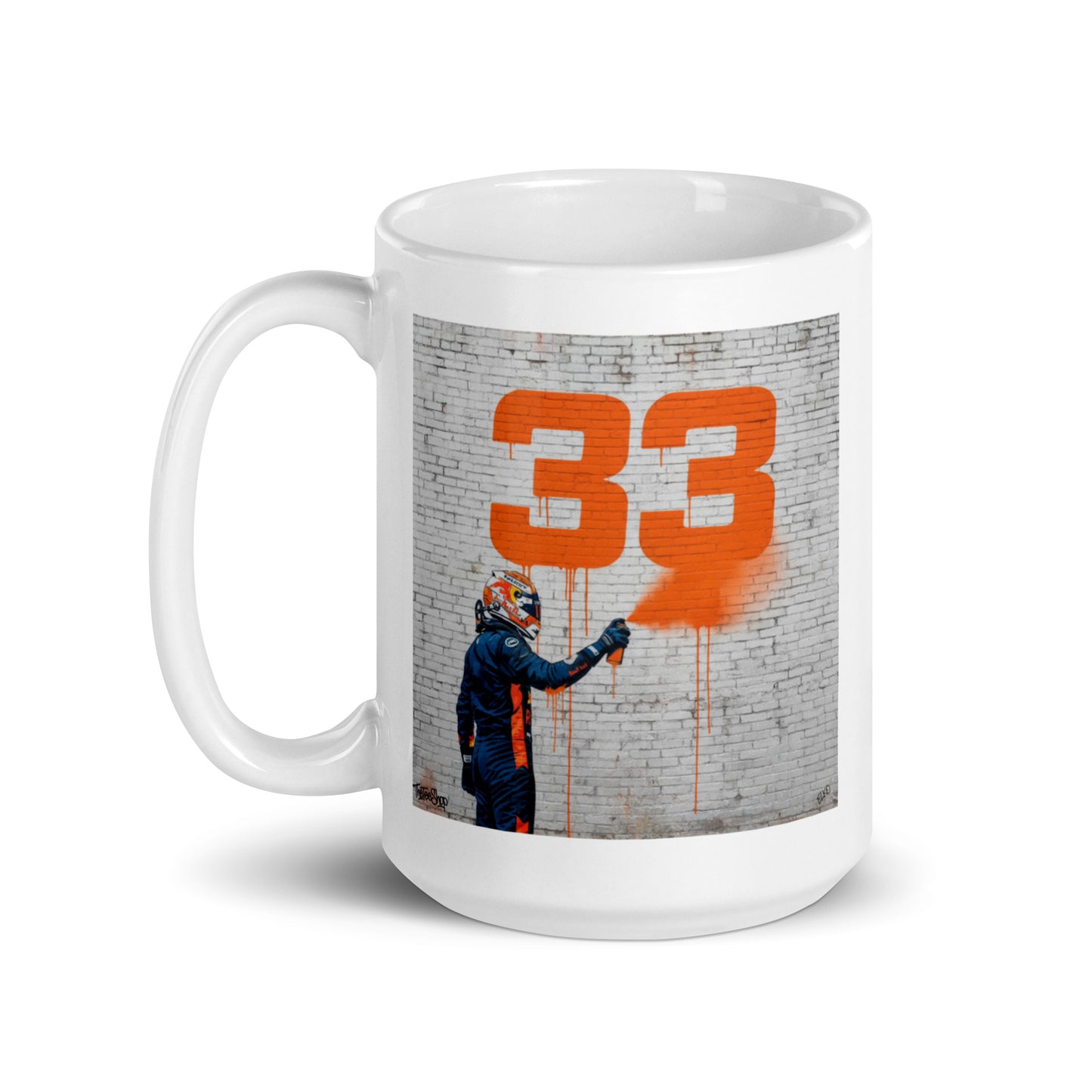White ceramic 15oz mug featuring a street art illustration of a racing driver spray-painting a bold orange number 33 on a brick wall, inspired by Max Verstappen.