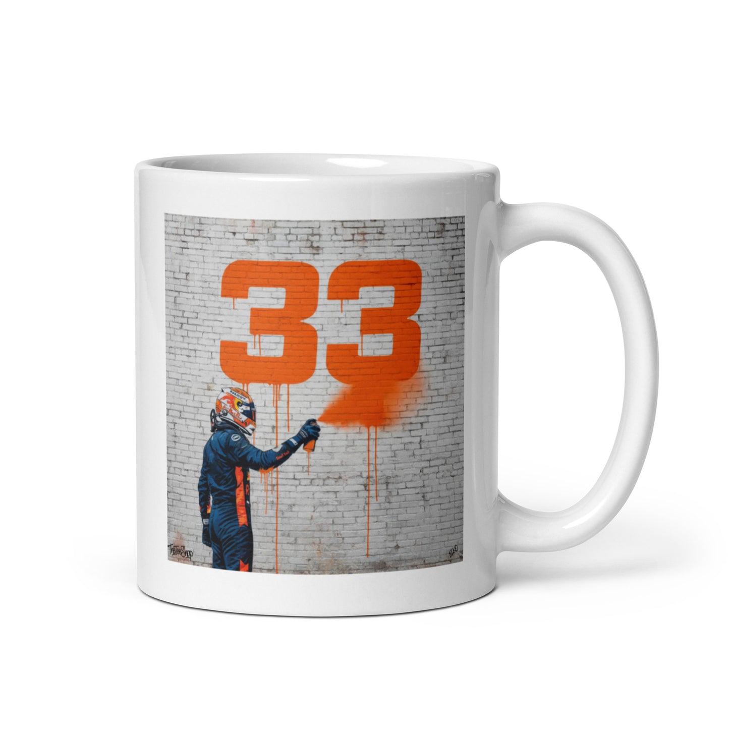 White ceramic 11 oz mug featuring a street art illustration of a racing driver spray-painting a bold orange number 33 on a brick wall, inspired by Max Verstappen.