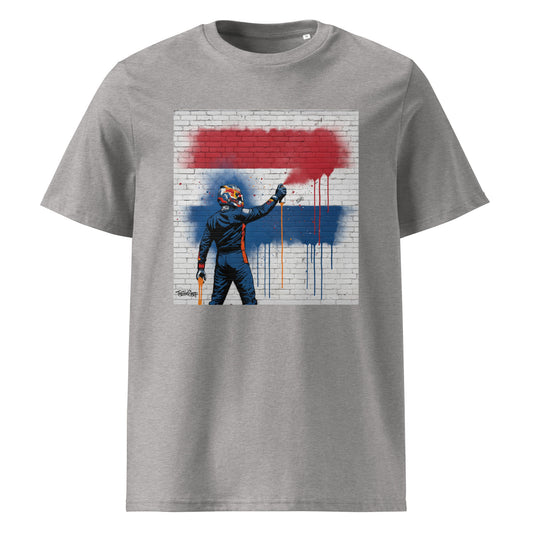 Heather Grey organic cotton t-shirt with Max Dutch Flag graffiti art design, featuring Max Verstappen spray painting the Dutch flag on a brick wall. Perfect for Max Verstappen fans and Dutch F1 supporters.