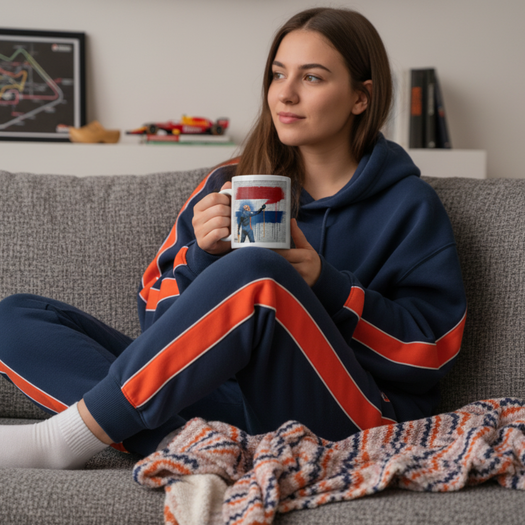 Female F1 fan in sporty homewear, enjoying a hot drink from the Max Dutch Flag Graffiti Mug while relaxing on the sofa with Dutch or motorsport décor in the background.