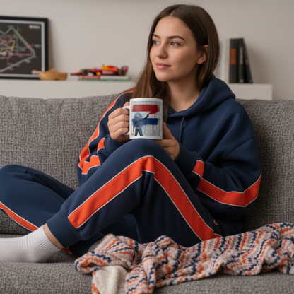 Female F1 fan in sporty homewear, enjoying a hot drink from the Max Dutch Flag Graffiti Mug while relaxing on the sofa with Dutch or motorsport décor in the background.