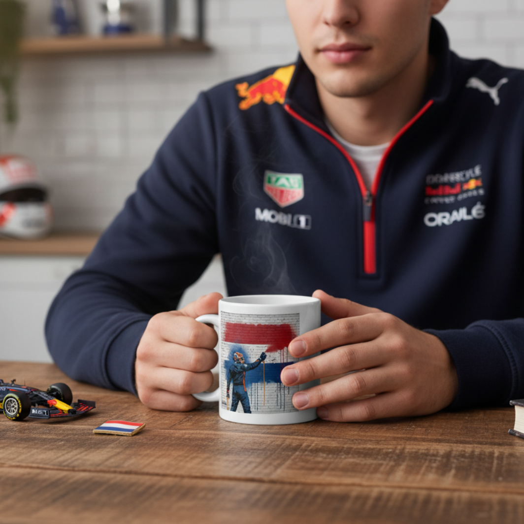 Male Max Verstappen fan in casual racing loungewear, drinking from the Max Dutch Flag Graffiti Mug at home, with Dutch or racing memorabilia in the background.
