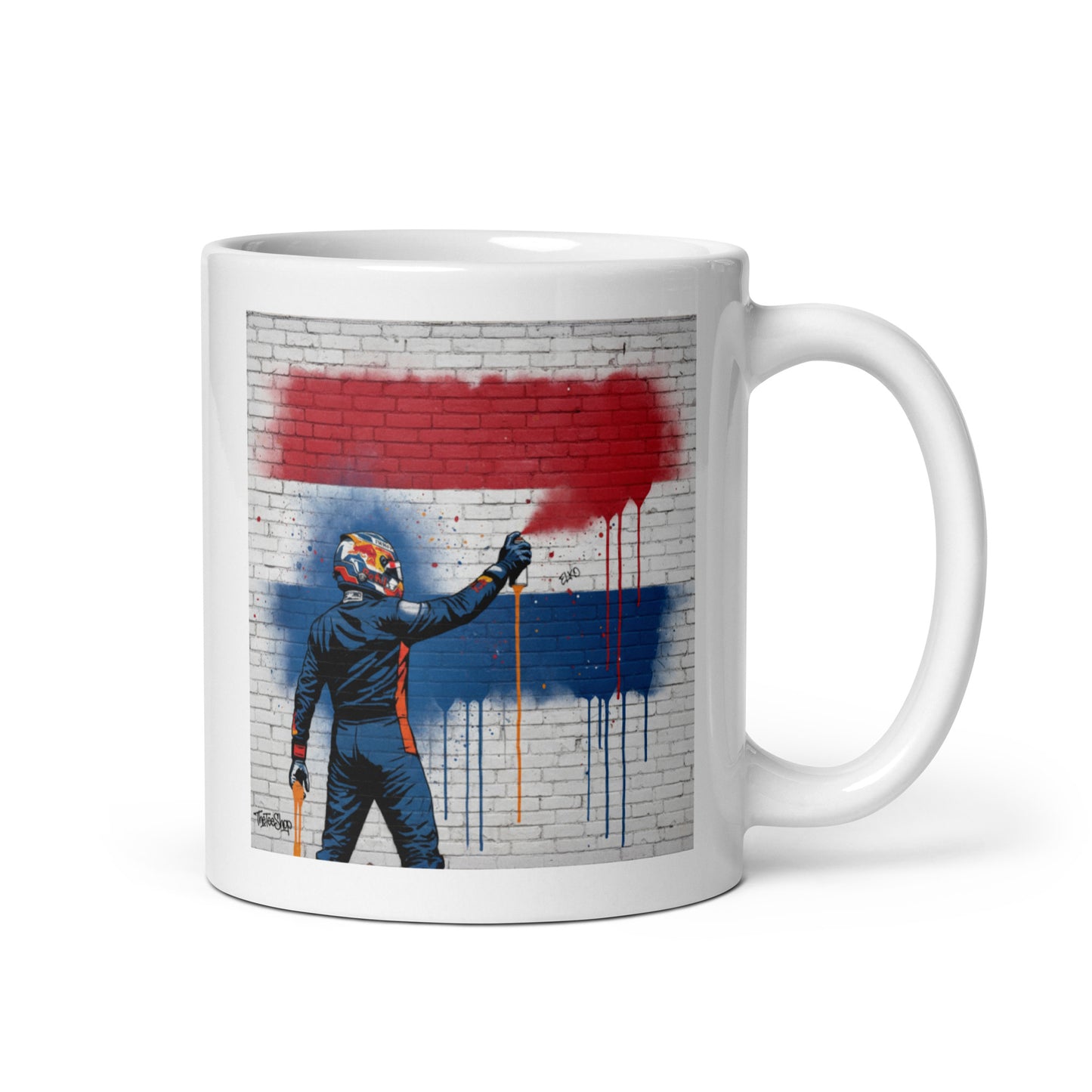 White ceramic 11oz mug featuring a street art illustration of a racing driver spray-painting the red, white, and blue Dutch flag on a brick wall, inspired by Max Verstappen.