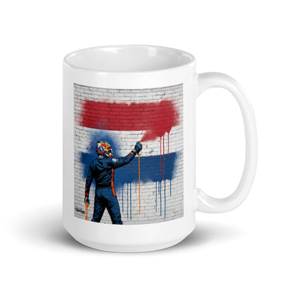 White ceramic 15oz mug featuring a street art illustration of a racing driver spray-painting the red, white, and blue Dutch flag on a brick wall, inspired by Max Verstappen.