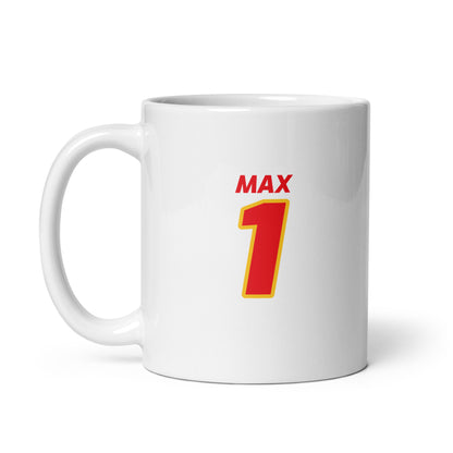 The Max Racing Mug featuring Max's name and number "1" in vibrant red and yellow team colours. Ideal for enjoying a brew while watching the Grand Prix.