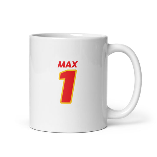 he Max Racing Mug showcasing Max's name and number "1" in bold red and yellow team colours. Perfect for motorsport fans and collectors.