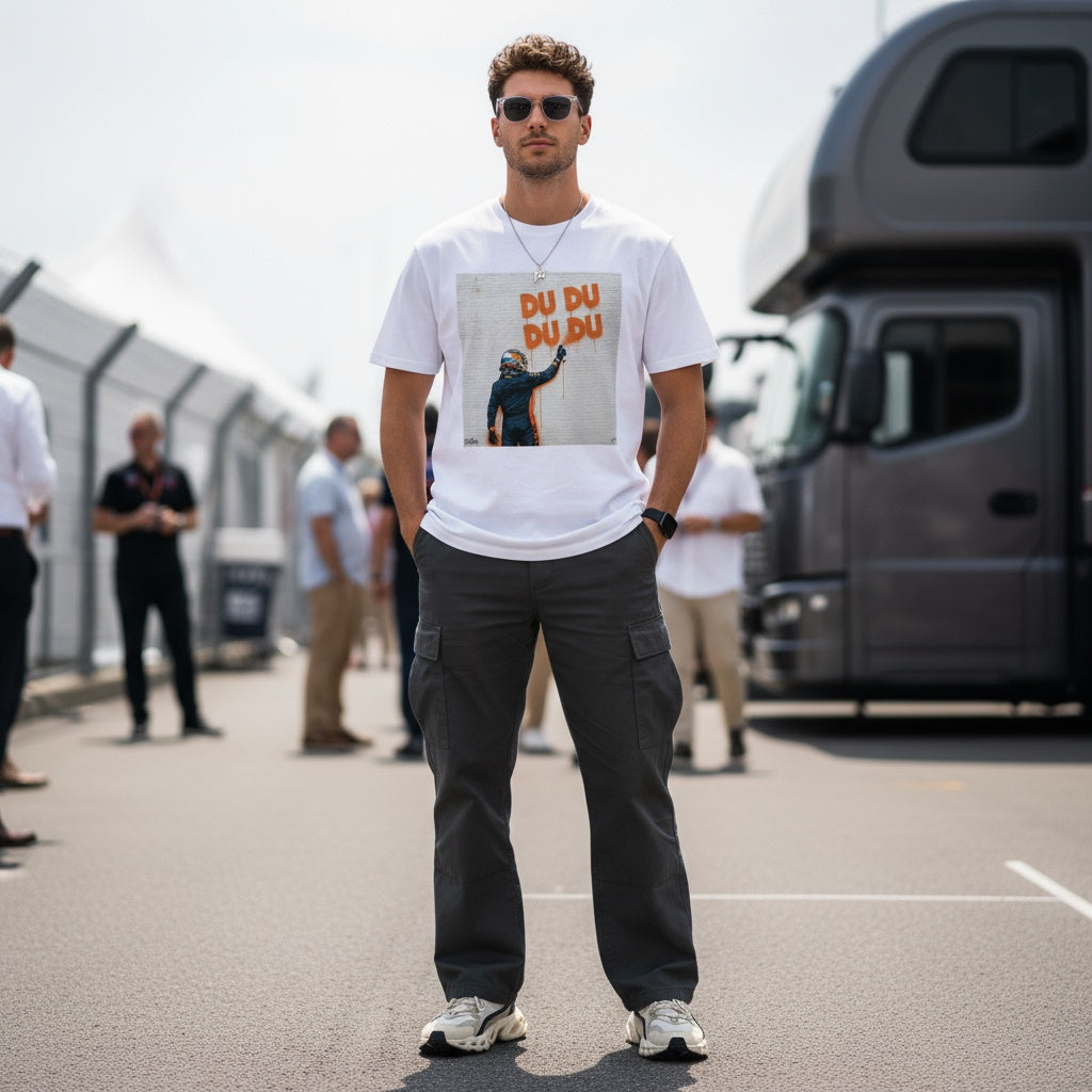 Man wearing TheTeeShop’s Max Series DU DU DU DU Graffiti T-Shirt featuring Max Verstappen spray-painting his famous chant, standing in a Formula 1 paddock surrounded by fans, perfect for Max Verstappen supporters and F1 enthusiasts.