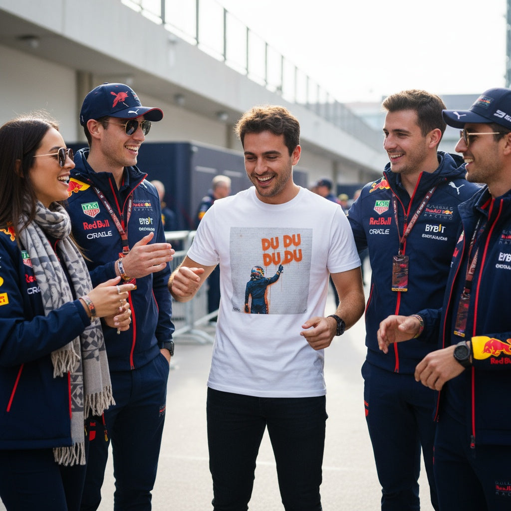 Man wearing TheTeeShop’s Max Series DU DU DU DU Graffiti T-Shirt, surrounded by Red Bull Racing team members and fans in the paddock, showcasing bold Max Verstappen-inspired street art motorsport apparel.