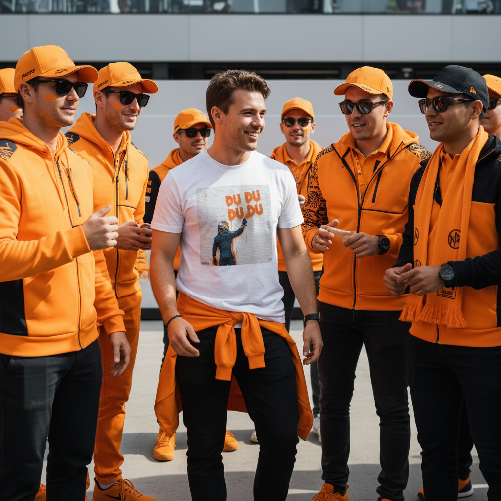 Man wearing TheTeeShop’s Max Series DU DU DU DU Graffiti T-Shirt surrounded by McLaren fans dressed in papaya orange team gear at a Formula 1 paddock, showcasing bold Max Verstappen-inspired motorsport streetwear.