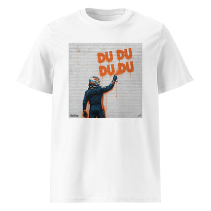 White unisex t-shirt featuring graffiti art of Max Verstappen spray-painting “DU DU DU DU” in bold orange on a brick wall, part of TheTeeShop’s Max Series graffiti art collection.