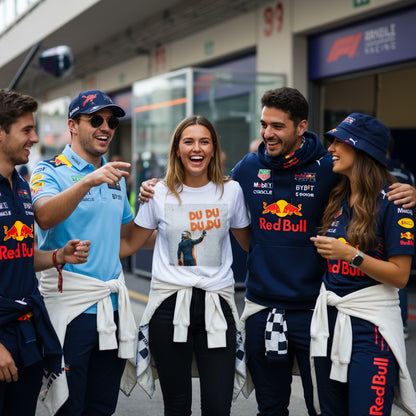 Smiling woman wearing TheTeeShop’s Max Series DU DU DU DU Graffiti T-Shirt, surrounded by friends in Red Bull Racing teamwear at a Formula 1 paddock, showcasing Max Verstappen-inspired street art motorsport apparel for F1 fans.