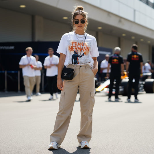Young woman wearing TheTeeShop’s Max Series Franz Hermann Graffiti T-Shirt featuring Max Verstappen’s alter ego spray-painting his name, standing in a Formula 1 paddock with team members in the background, showcasing bold motorsport streetwear.