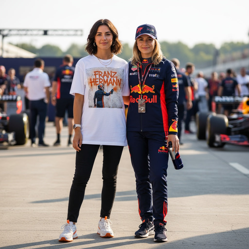 Two women at a Formula 1 paddock; one wearing TheTeeShop’s Max Series Franz Hermann Graffiti T-Shirt and the other in Red Bull Racing teamwear, showcasing bold Max Verstappen-inspired motorsport streetwear.