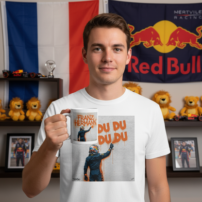 Male model in Max Series DU DU DU DU Graffiti T-Shirt holding the Franz Hermann Graffiti Mug in a Verstappen-themed home.