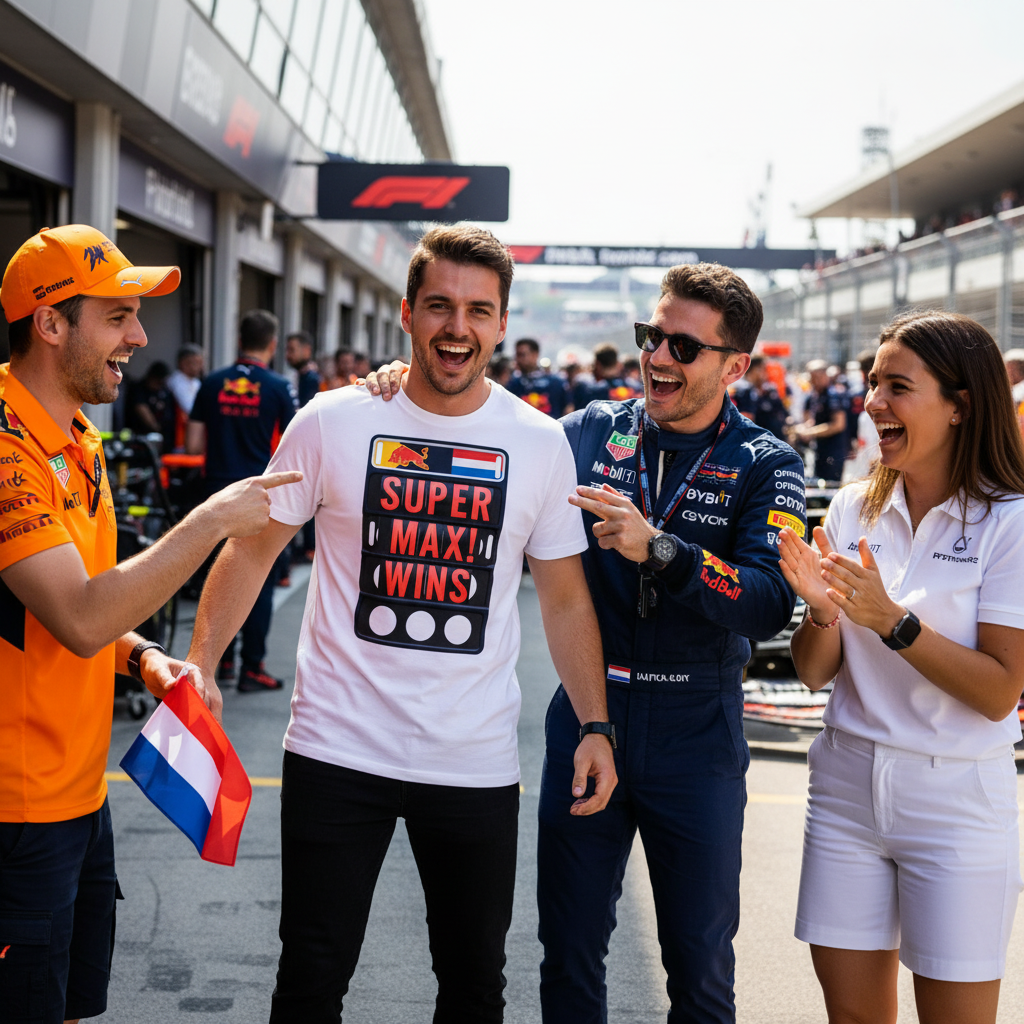 Four grand prix fans in the paddock, with the SUPER MAX WINS pit board t-shirt front and centre as friends in orange, blue and white cheer and point at the design, ideal visual for Max Verstappen victory merch.