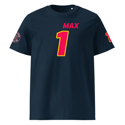 View the front of the navy Max Verstappen T-Shirt, featuring "Max Verstappen" and the number "33" in Red Bull Racing colours. Perfect for F1 fans and petrol heads.