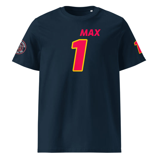 View the front of the navy Max Verstappen T-Shirt, featuring "Max Verstappen" and the number "33" in Red Bull Racing colours. Perfect for F1 fans and petrol heads.
