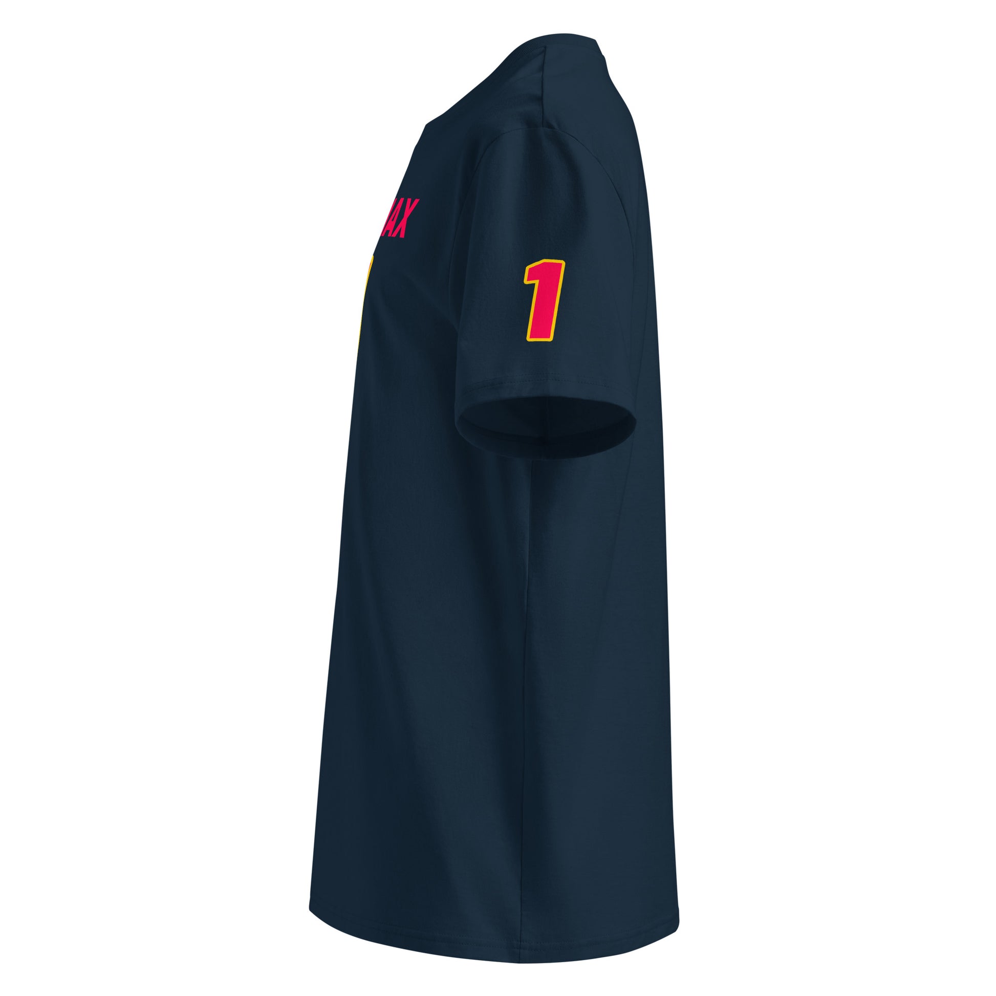 See the left sleeve of the navy Max Verstappen T-Shirt, featuring additional logos or designs. Ideal for car meets and shows.