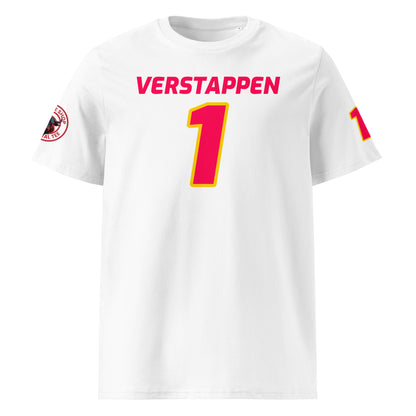 View the front of the white Max Verstappen T-Shirt, featuring "Max Verstappen" and the number "33" in Red Bull Racing colours. Perfect for F1 fans and petrol heads.