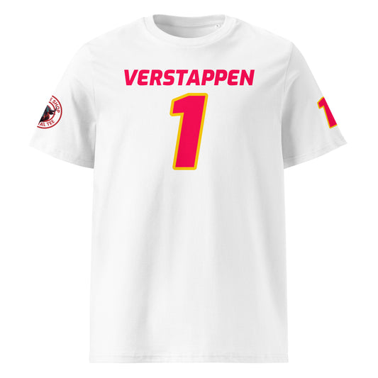 View the front of the white Max Verstappen T-Shirt, featuring "Max Verstappen" and the number "33" in Red Bull Racing colours. Perfect for F1 fans and petrol heads.