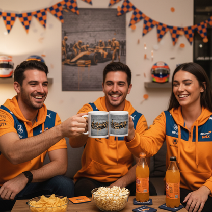 A group of McLaren F1 fans, all in team apparel, celebrate race day with the Papaya Series: Pit Stop Graffiti Mug. Lively, fun, and full of McLaren pride.