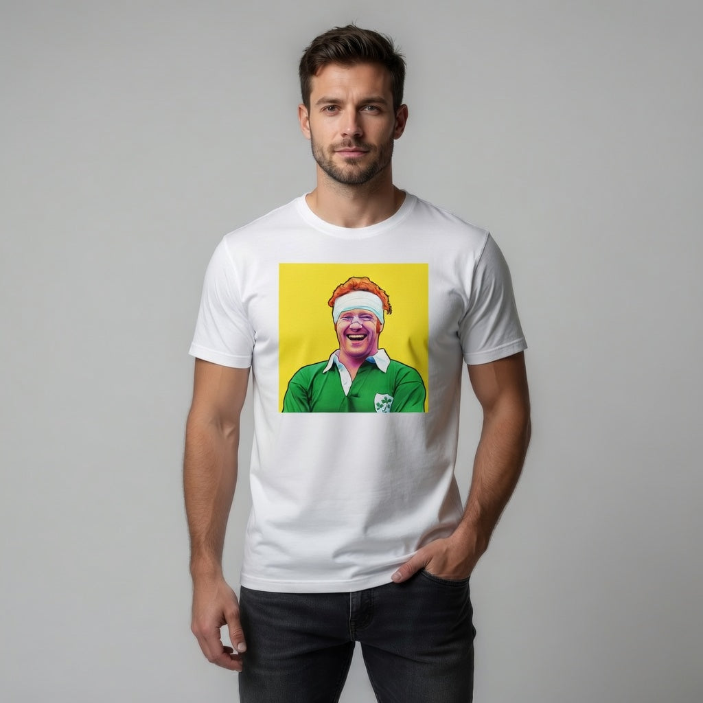 Male model wearing a white Ireland rugby t-shirt with The Ginger McLoughlin laughing pop art design showing the lighter side.