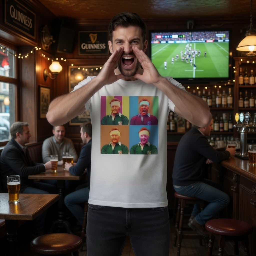Male model wearing a white Ireland rugby t-shirt with The Ginger McLoughlin 4-panel pop art gallery-style tribute design.