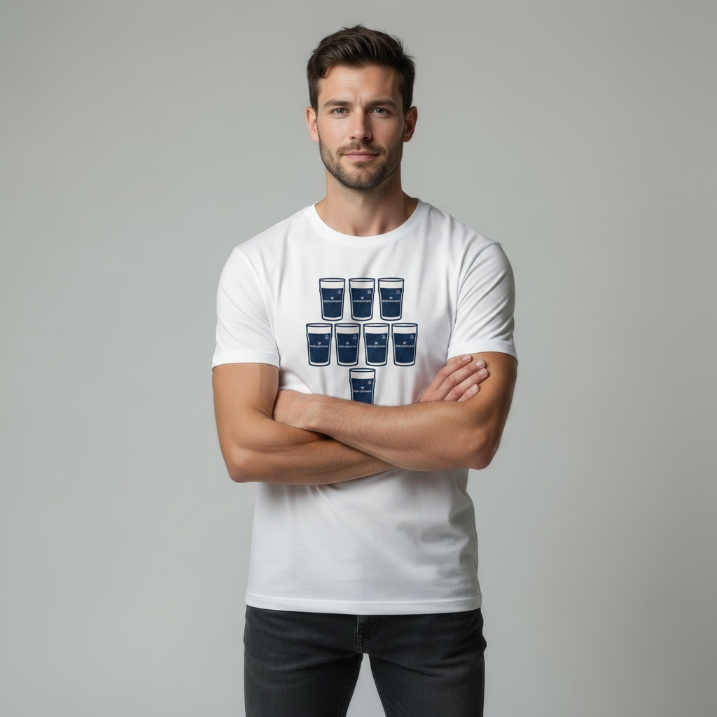 Male model in a Leinster Europe rugby t-shirt featuring a Scrum Down Down Pints graphic.