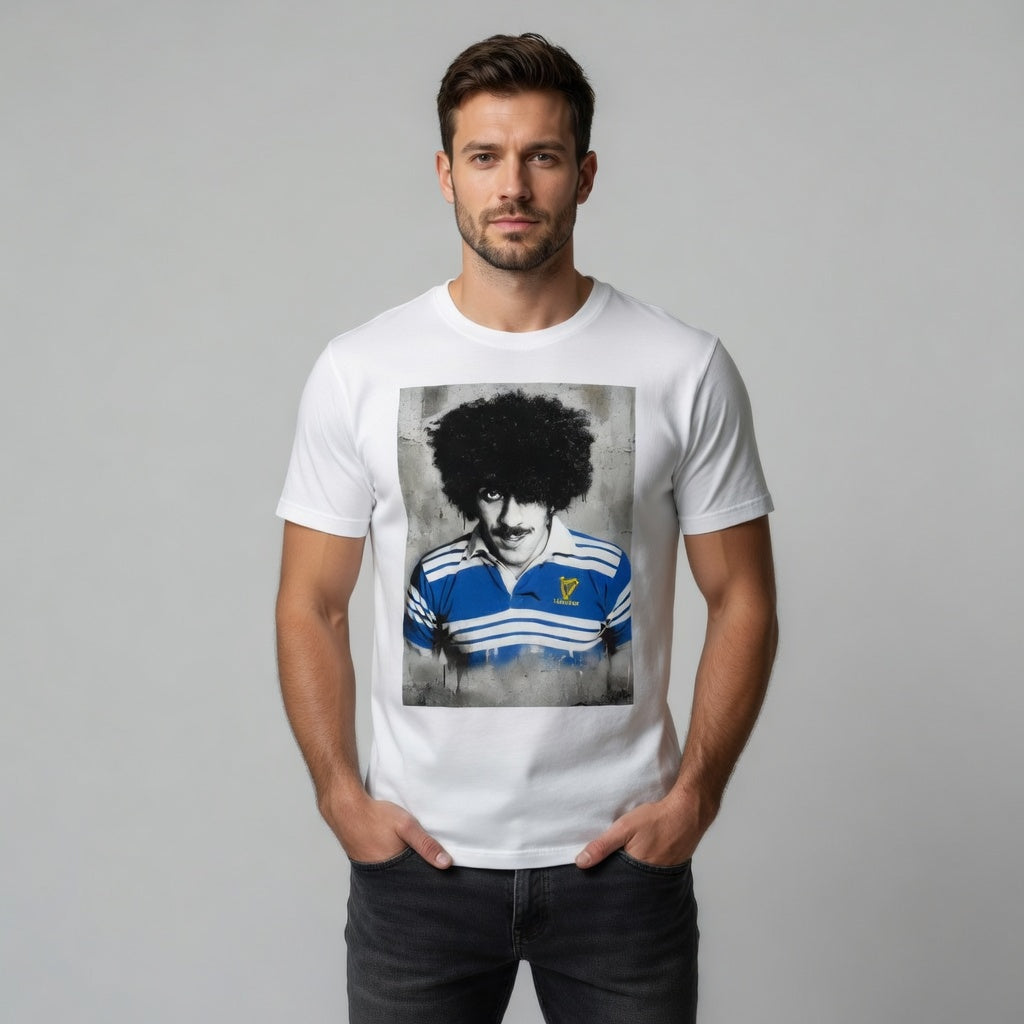 Male model in a Leinster rugby t-shirt with a Phil Lynott Bassline Rebel retro Leinster jersey design.