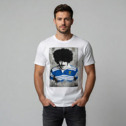 Male model in a Leinster rugby t-shirt with a Phil Lynott Bassline Rebel retro Leinster jersey design.