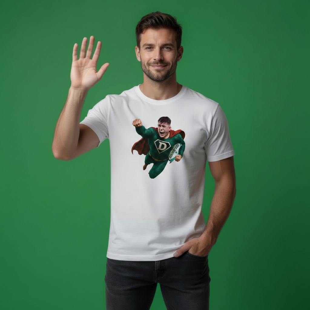 Men’s White Ireland Rugby T-shirt with Dan Sheehan Superhero Graphic (Green Costume Print)