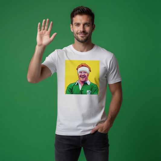 Male model wearing a white Ireland rugby t-shirt featuring a laughing Ginger McLoughlin pop art graphic.