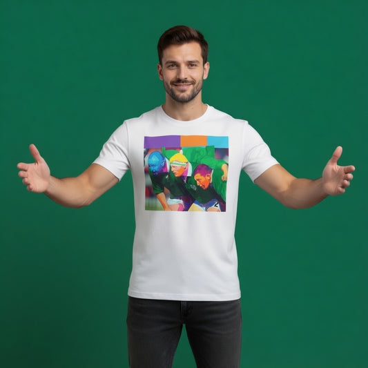 Male model wearing a white Ireland rugby t-shirt featuring Irish Front Row Legends pop art of Gary Halpin, Terry Kingston and Nick Popplewell.