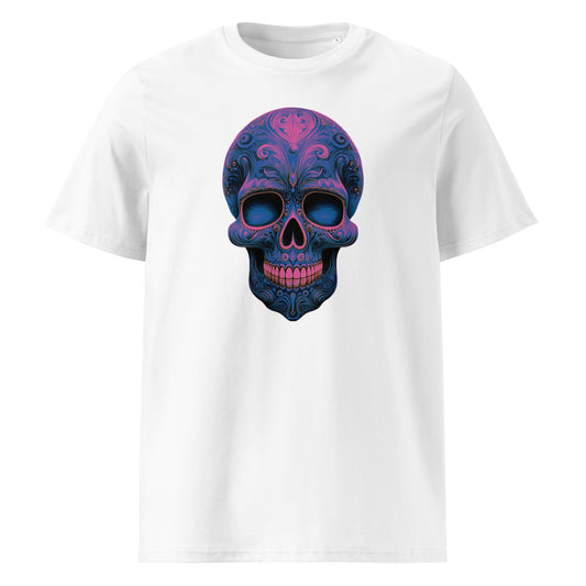 Front view of Mexican Skull Race Day Tee featuring a deep blue and pink Day of the Dead sugar skull inspired by Alpine F1 team colours.