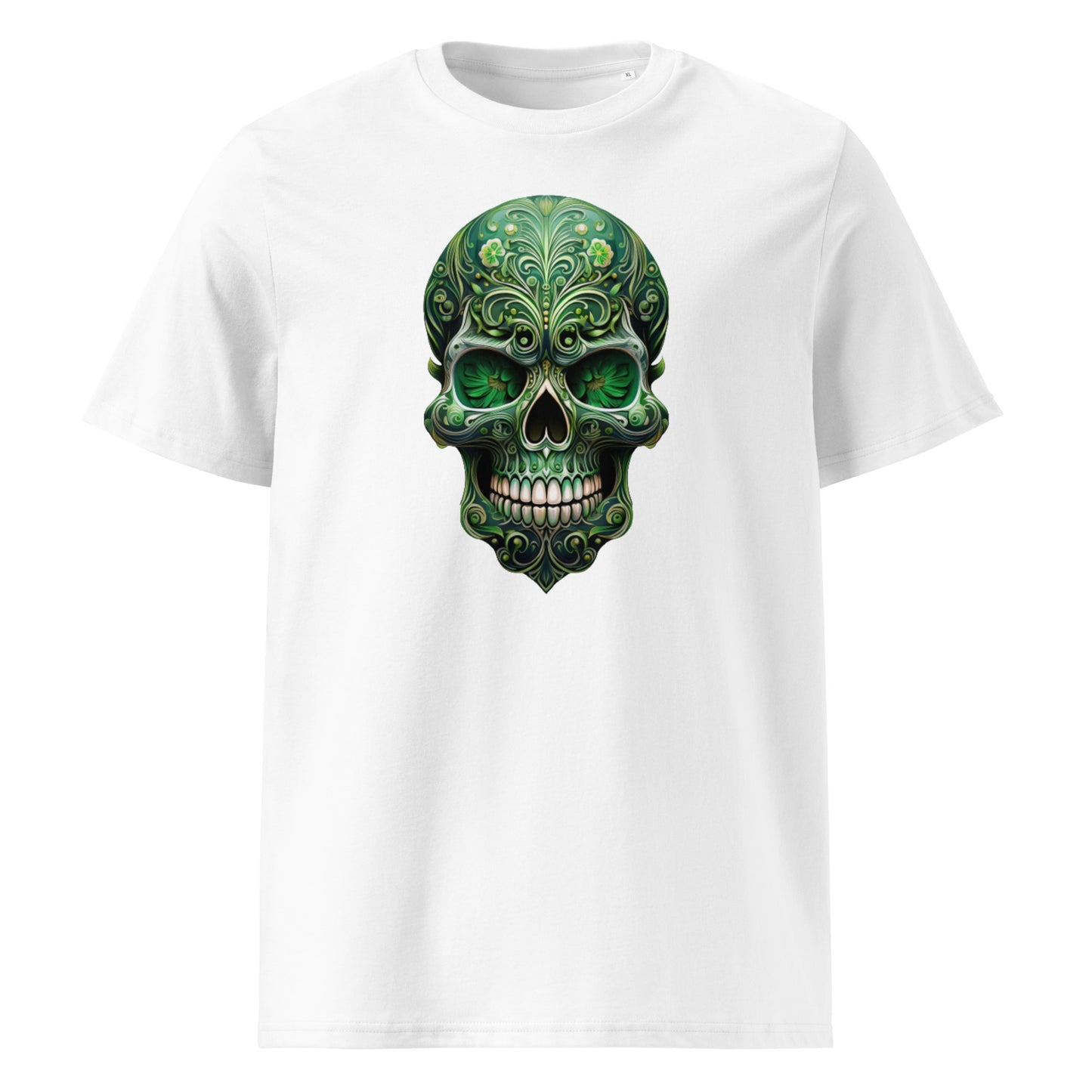 Front view of Mexican Skull Race Day Tee featuring a detailed green Day of the Dead sugar skull inspired by Aston Martin F1 team colours.