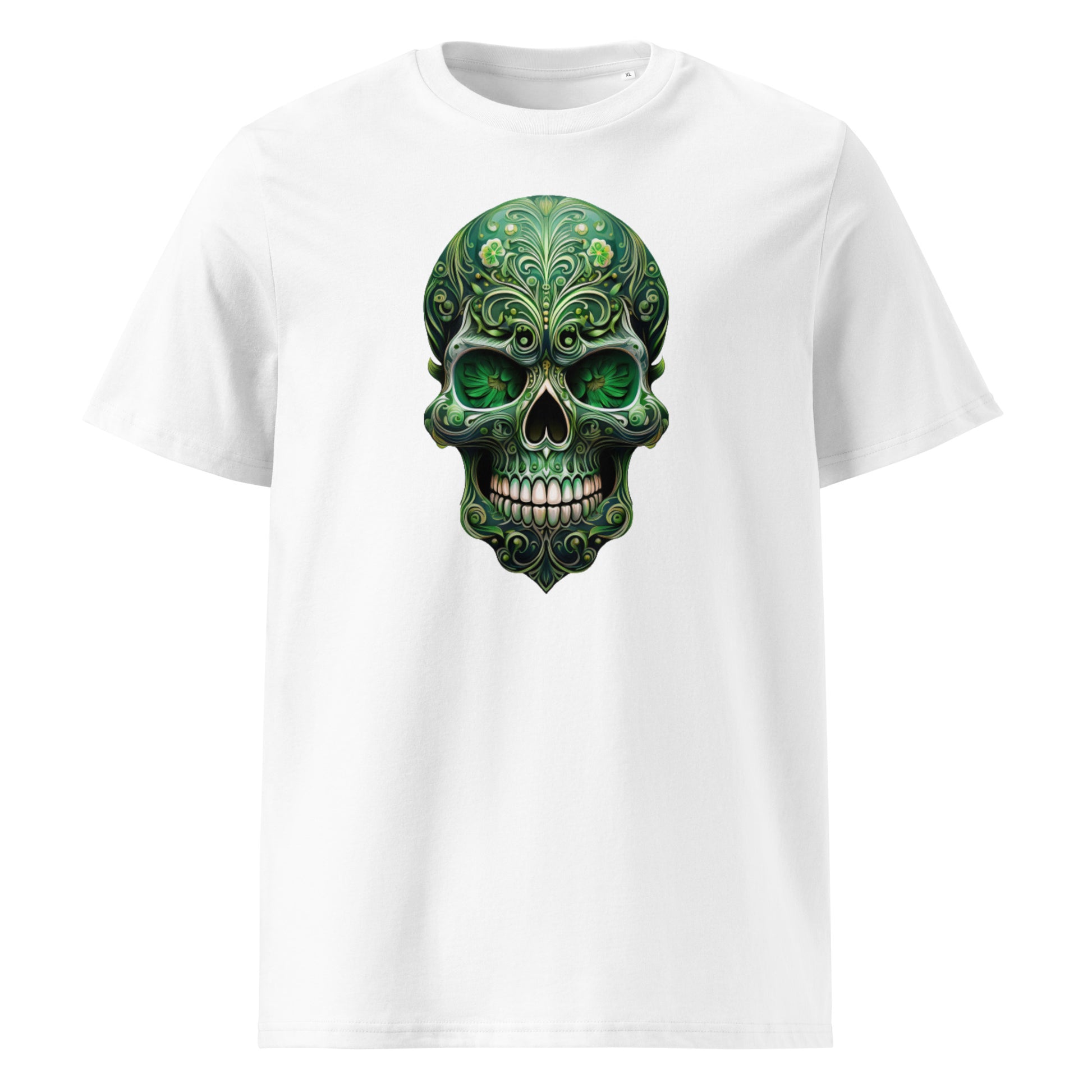 Front view of Mexican Skull Race Day Tee featuring a detailed green Day of the Dead sugar skull inspired by Aston Martin F1 team colours.