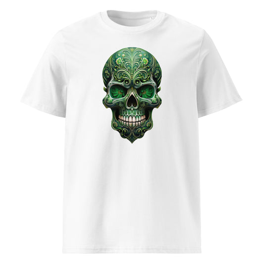 Front view of Mexican Skull Race Day Tee featuring a detailed green Day of the Dead sugar skull inspired by Aston Martin F1 team colours.