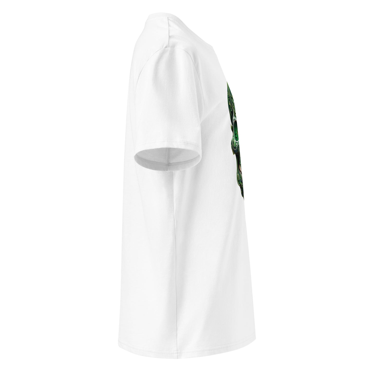 Right side angle of Mexican Skull Race Day Tee showing clean sleeve without logo and intricate green sugar skull design.
